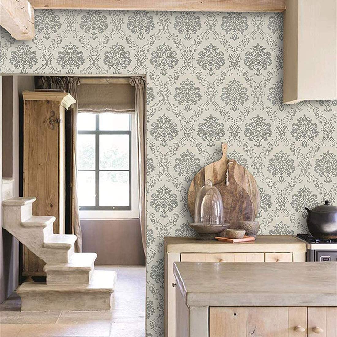 Peel and Stick Wallpaper Removable Silver Damask Wall Paper Decorative Floral Self Adhesive Wallpaper Waterproof Wall Stickers