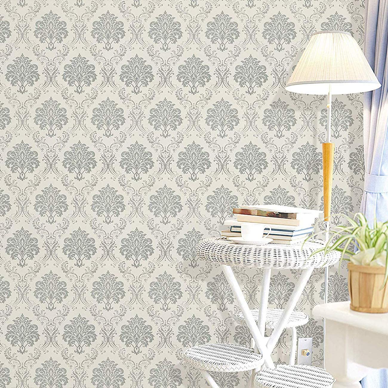 Peel and Stick Wallpaper Removable Silver Damask Wall Paper Decorative Floral Self Adhesive Wallpaper Waterproof Wall Stickers