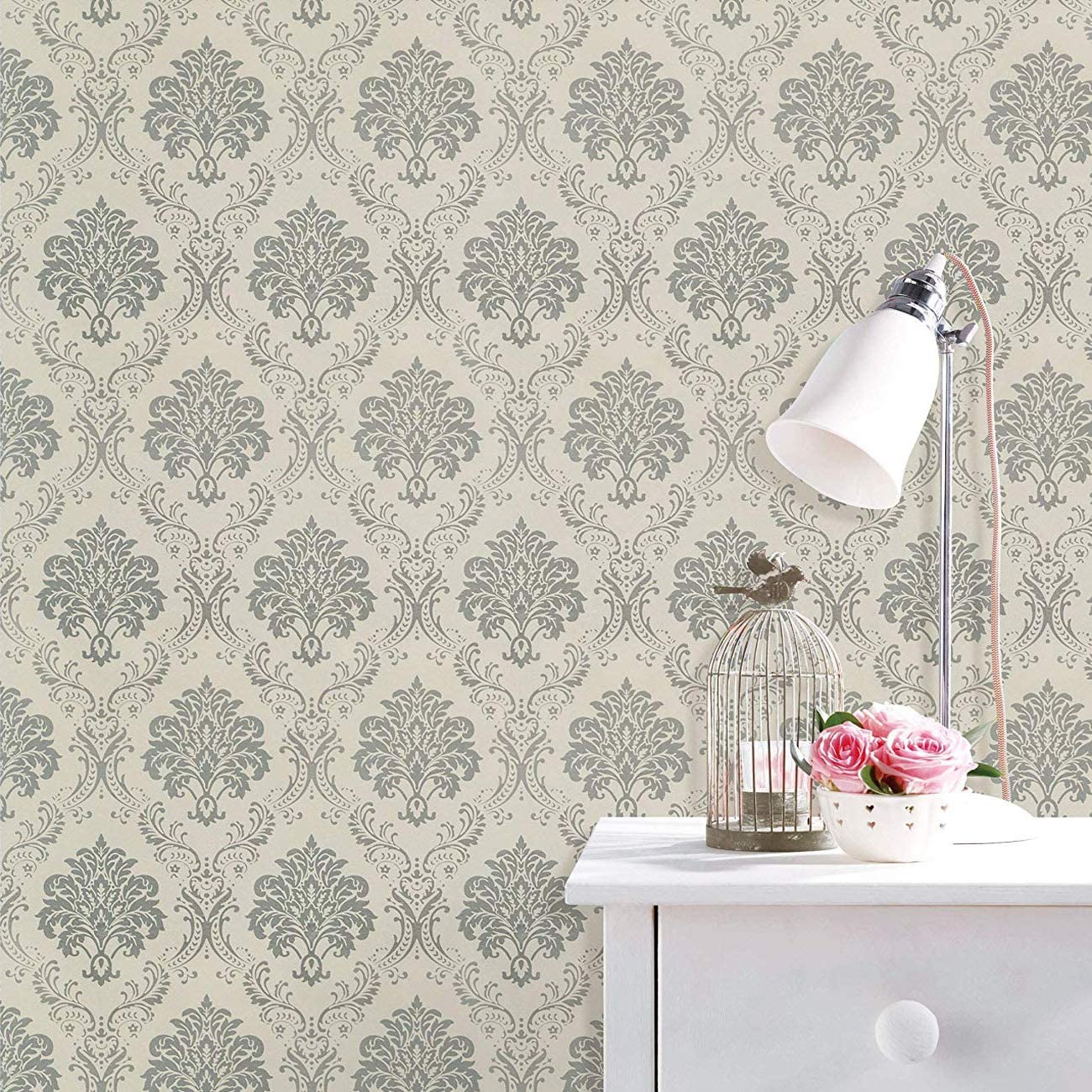 Peel and Stick Wallpaper Removable Silver Damask Wall Paper Decorative Floral Self Adhesive Wallpaper Waterproof Wall Stickers