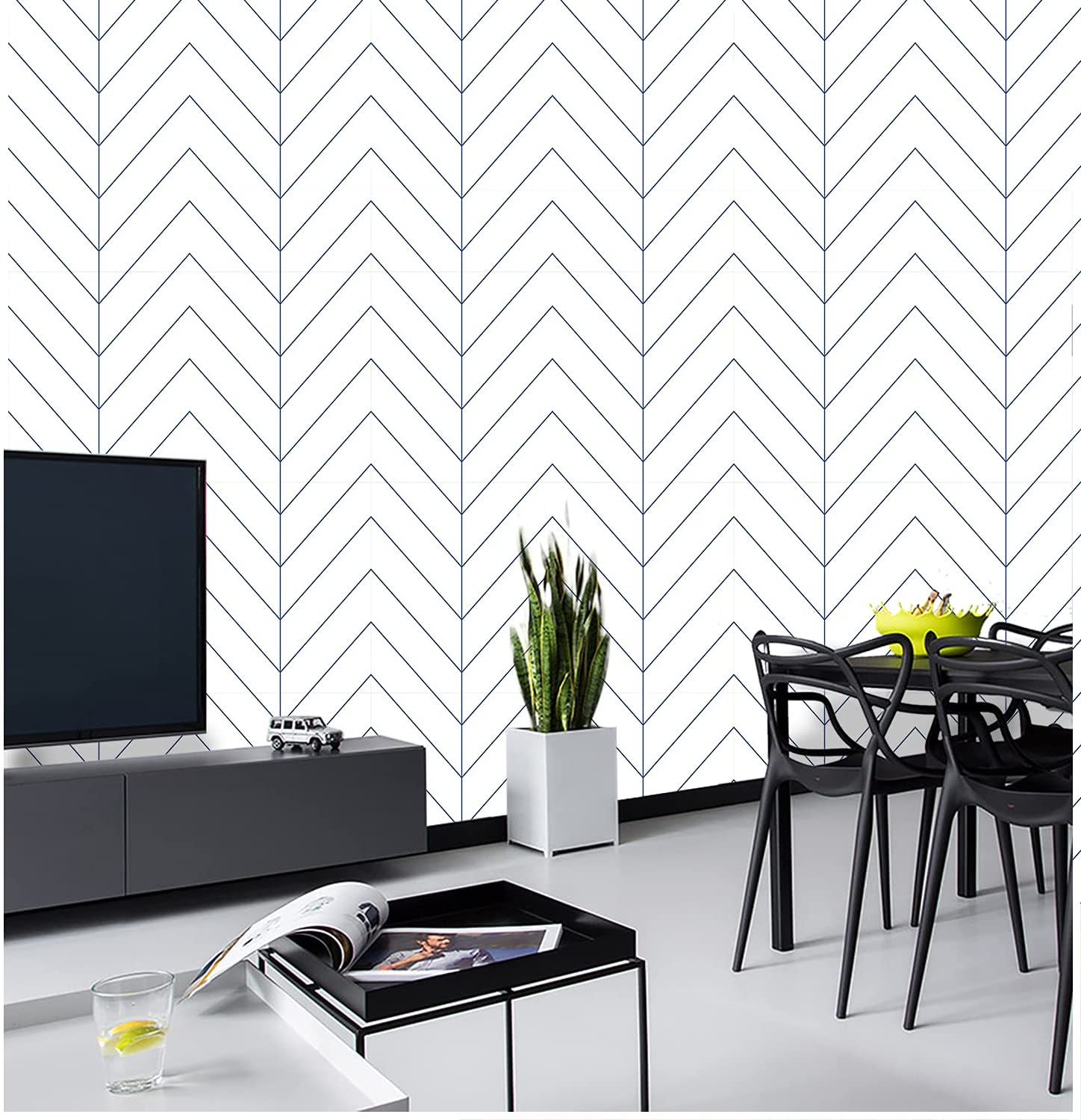 Blue Herringbone Self Adhesive Wallpaper Blue Stripes Peel and Stick Wallpaper Removable Waterproof Wall Stickers for Home Decor