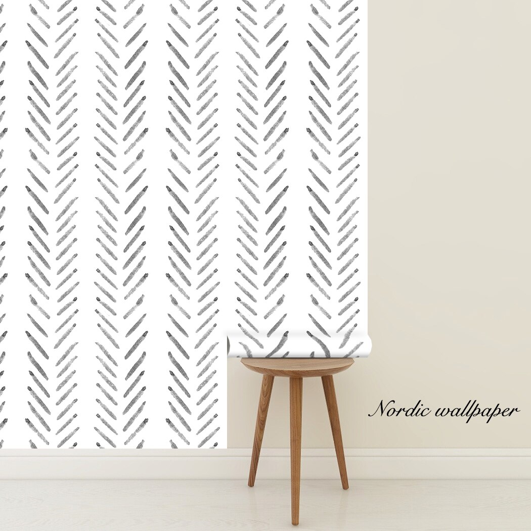 Herringbone Lines Geometry Prepasted Self-Adhesive Wallpaper Black and White Modern Stripe Vinyl Peel and Stick Wallpaper Wall