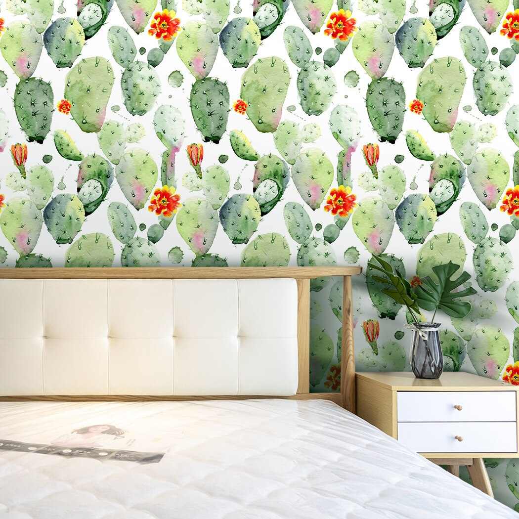 Watercolor Cactus Peel and Stick Removable Wallpaper Green/White Floral Self-Adhesive Prepasted Wallpaper Wall Mural for Decor