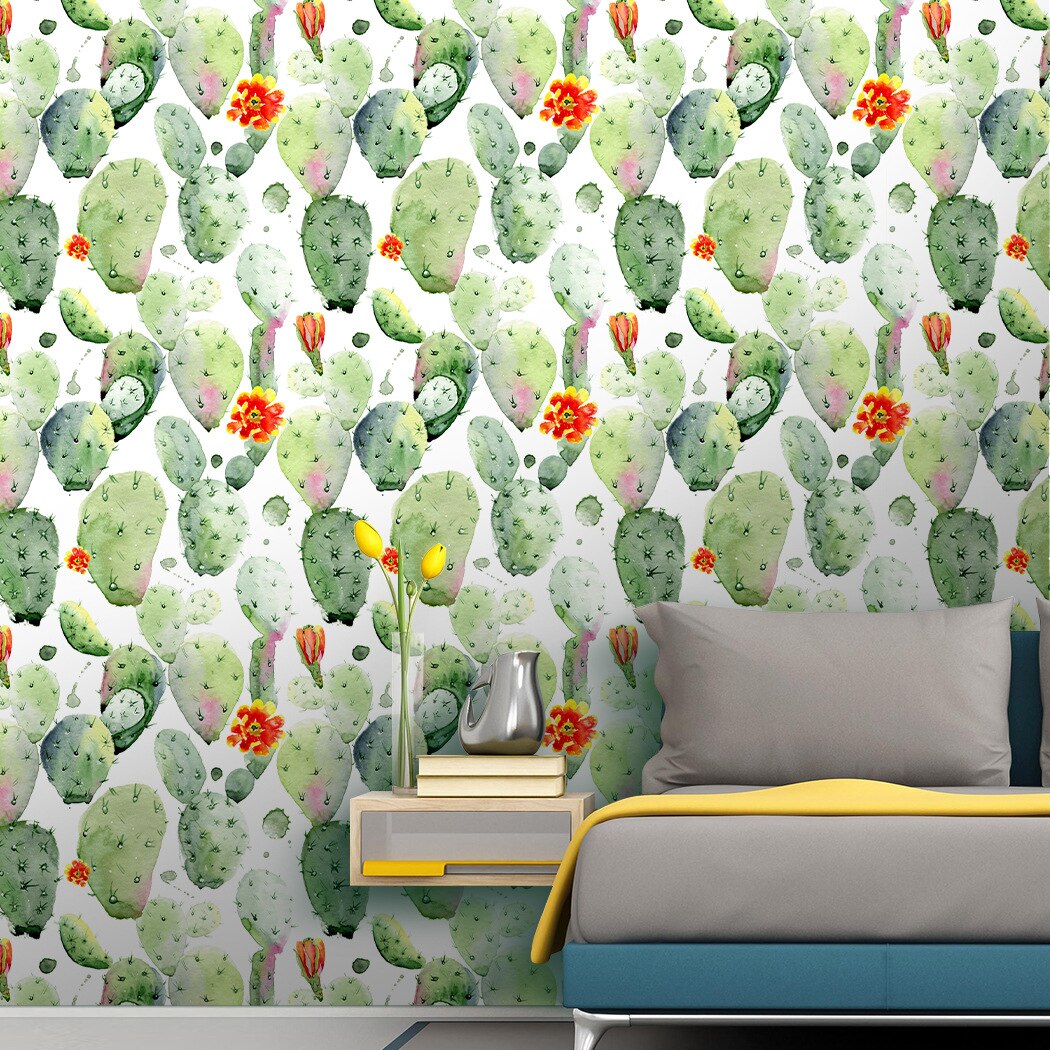 Watercolor Cactus Peel and Stick Removable Wallpaper Green/White Floral Self-Adhesive Prepasted Wallpaper Wall Mural for Decor