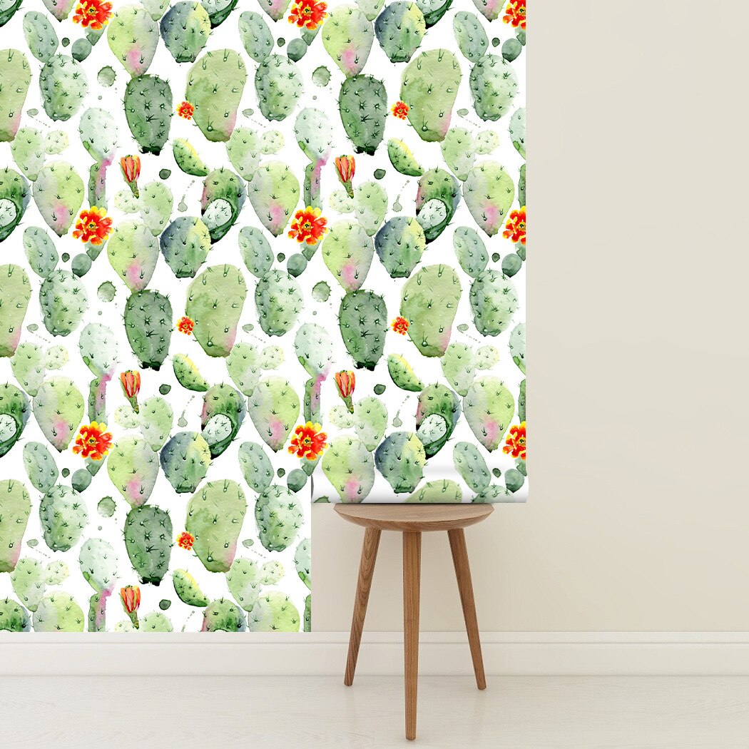 Watercolor Cactus Peel and Stick Removable Wallpaper Green/White Floral Self-Adhesive Prepasted Wallpaper Wall Mural for Decor