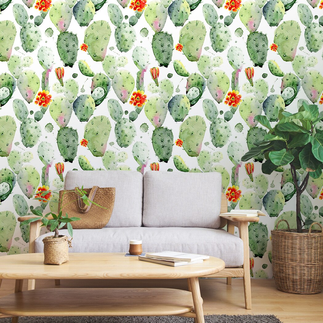 Watercolor Cactus Peel and Stick Removable Wallpaper Green/White Floral Self-Adhesive Prepasted Wallpaper Wall Mural for Decor