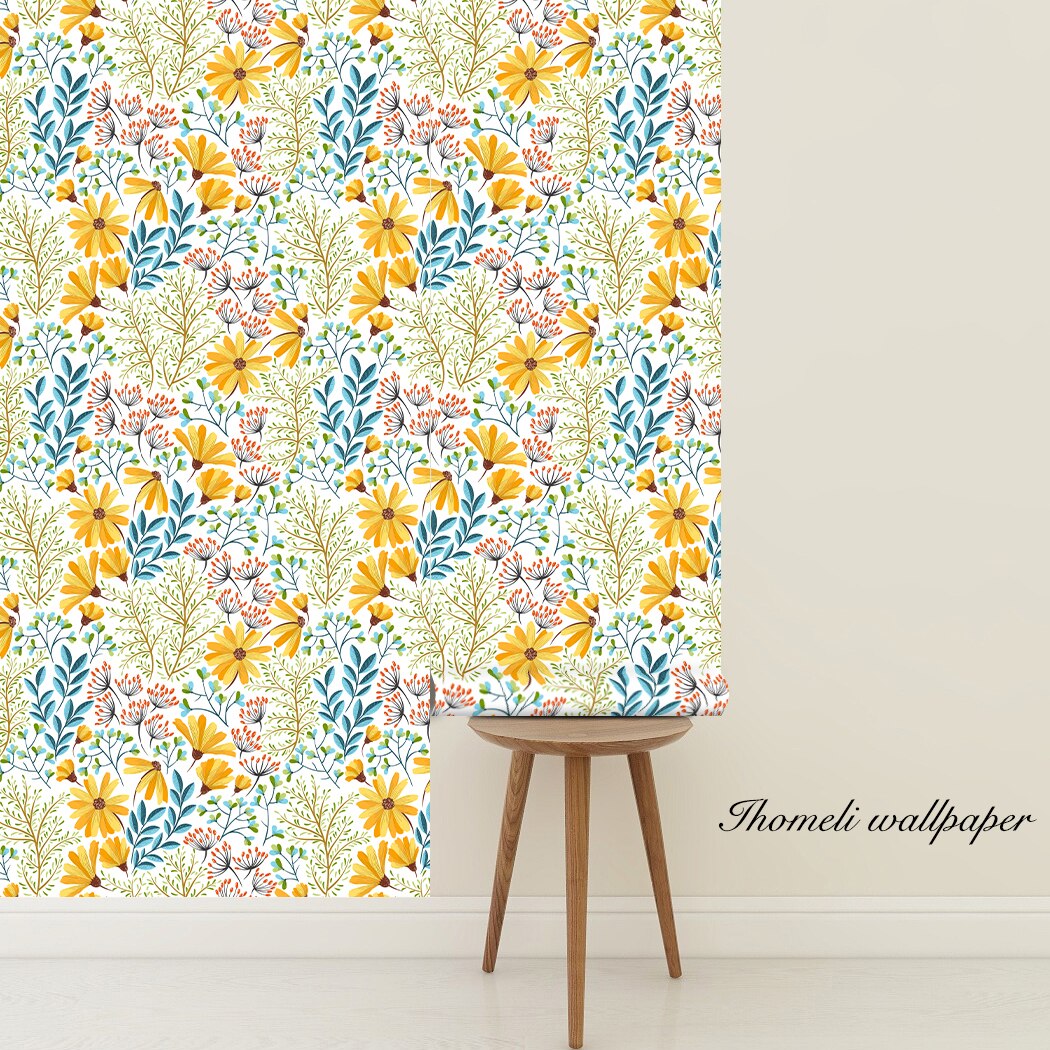 Yellow Floral Peel and Stick Wallpaper Waterproof Flower Self Adhesive Contact Paper Vinyl Film for Bedroom Living Room Decor