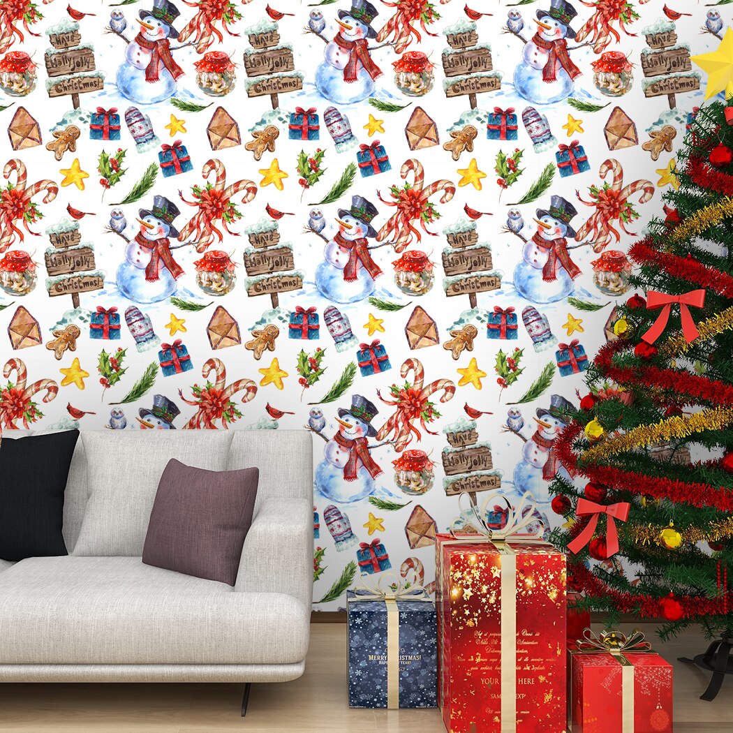 Christmas Snowman Self Adhesive Wallpaper Xmas Gift Box Peel and Stick Wall Stickers Removable Contact Paper for Living Room