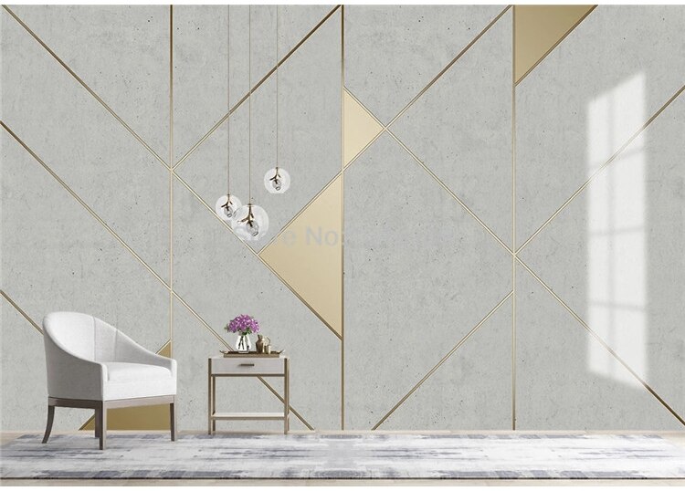 Custom Self-Adhesive Waterproof Mural Wallpaper Modern Retro 3D Cement Wall Golden Stripe Geometric Backdrop Wall Decor Stickers
