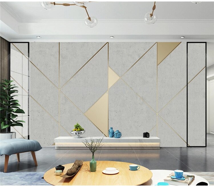 Custom Self-Adhesive Waterproof Mural Wallpaper Modern Retro 3D Cement Wall Golden Stripe Geometric Backdrop Wall Decor Stickers