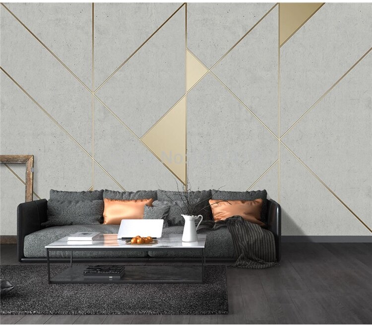 Custom Self-Adhesive Waterproof Mural Wallpaper Modern Retro 3D Cement Wall Golden Stripe Geometric Backdrop Wall Decor Stickers