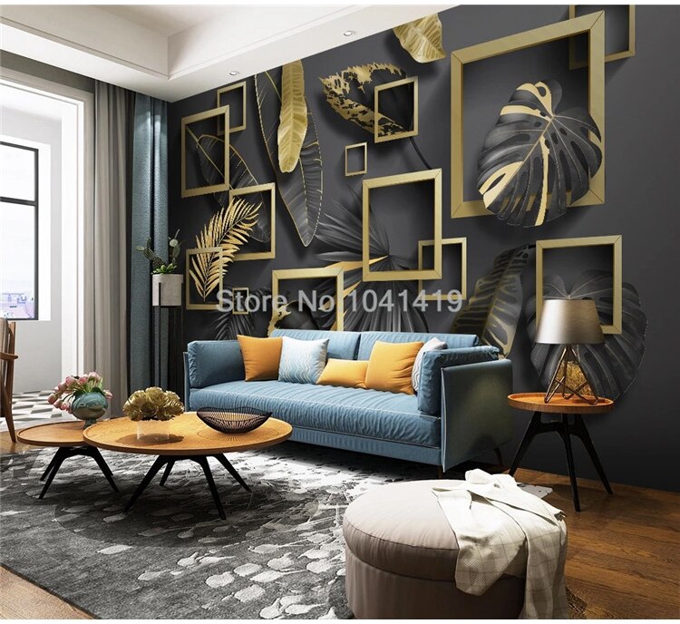 Custom Self-Adhesive Wallpaper Modern Geometry Golden Leaves Tropical Plants Murals Living Room Bedroom Luxury Home Decor Poster