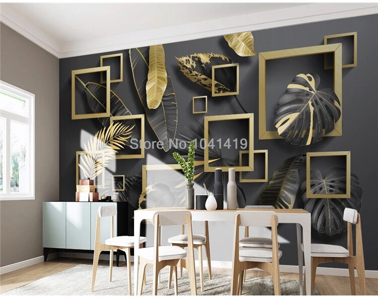 Custom Self-Adhesive Wallpaper Modern Geometry Golden Leaves Tropical Plants Murals Living Room Bedroom Luxury Home Decor Poster