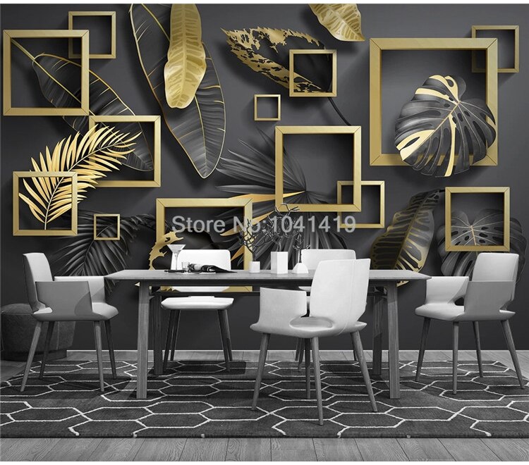 Custom Self-Adhesive Wallpaper Modern Geometry Golden Leaves Tropical Plants Murals Living Room Bedroom Luxury Home Decor Poster