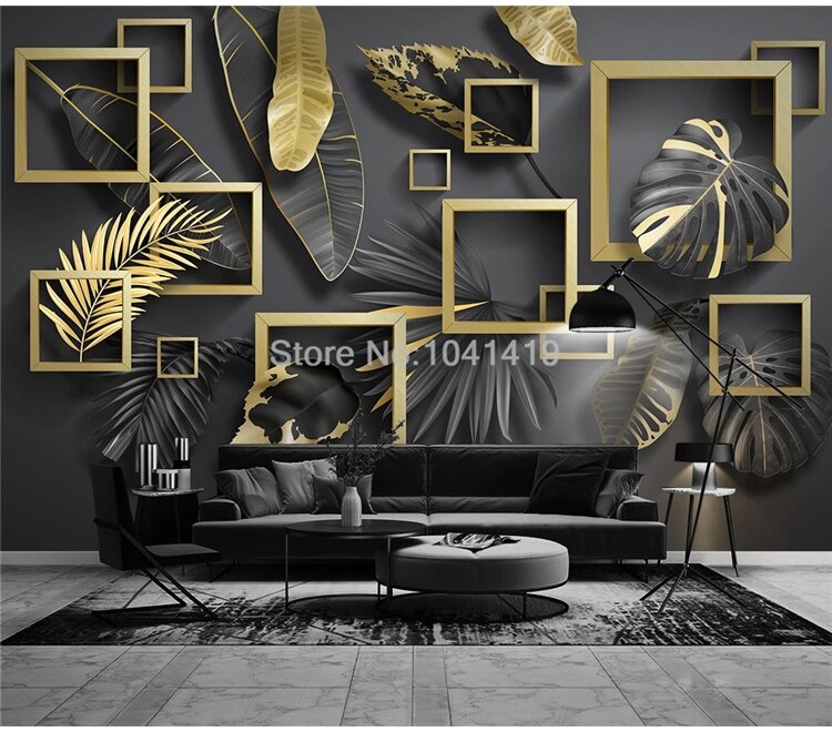 Custom Self-Adhesive Wallpaper Modern Geometry Golden Leaves Tropical Plants Murals Living Room Bedroom Luxury Home Decor Poster