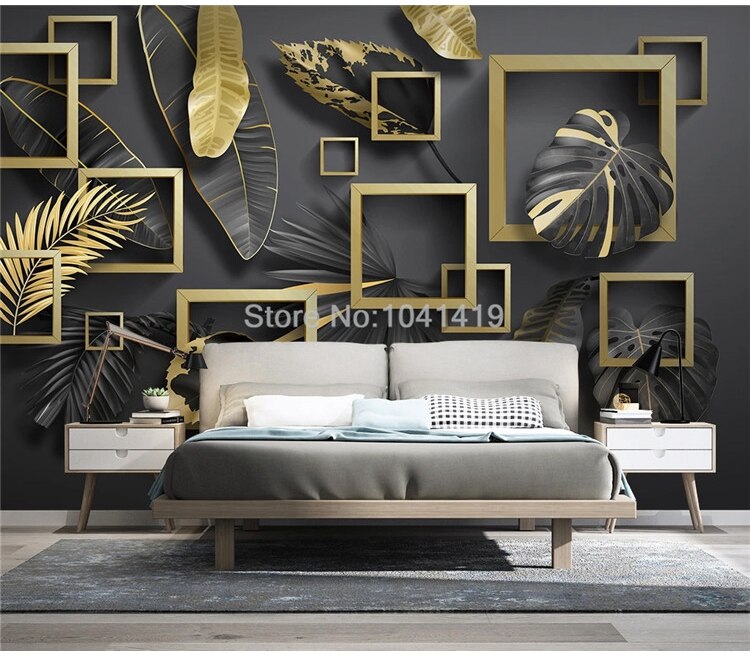 Custom Self-Adhesive Wallpaper Modern Geometry Golden Leaves Tropical Plants Murals Living Room Bedroom Luxury Home Decor Poster