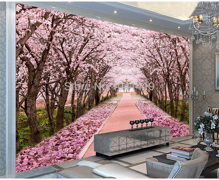 Self-Adhesive Wallpaper 3D Romantic Space Extension Cherry Tree Mural Living Room TV Sofa Home Decor Painting Papel De Parede 3D