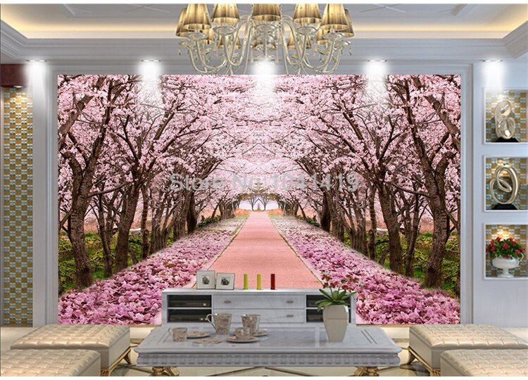 Self-Adhesive Wallpaper 3D Romantic Space Extension Cherry Tree Mural Living Room TV Sofa Home Decor Painting Papel De Parede 3D