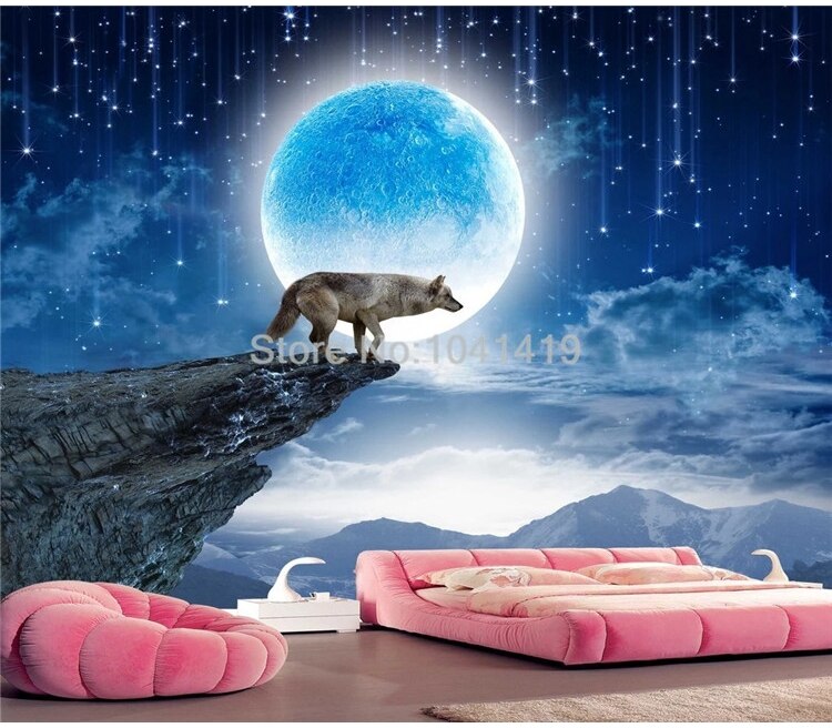 Custom Mural Wallpaper 3D Moon Animal Wolf Landscape Wall Sticker Living Room Bedroom Home Decor Self-Adhesive Waterproof Poster