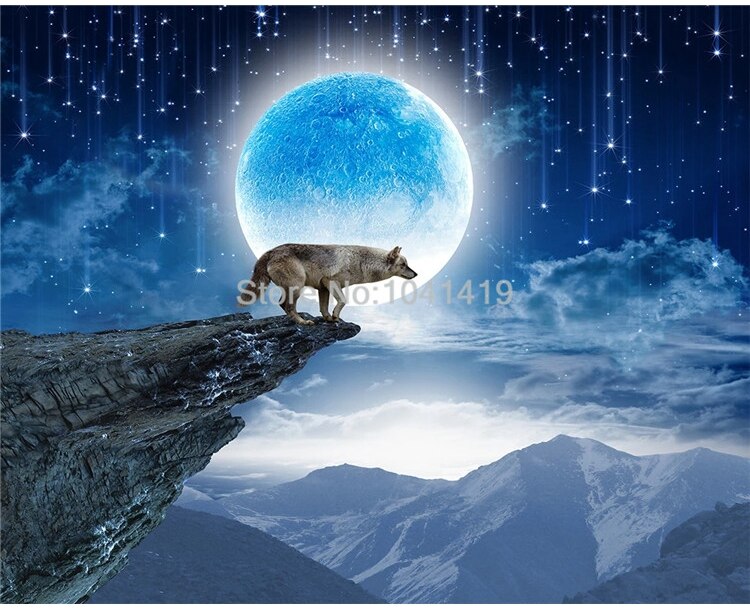 Custom Mural Wallpaper 3D Moon Animal Wolf Landscape Wall Sticker Living Room Bedroom Home Decor Self-Adhesive Waterproof Poster