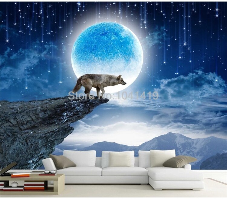 Custom Mural Wallpaper 3D Moon Animal Wolf Landscape Wall Sticker Living Room Bedroom Home Decor Self-Adhesive Waterproof Poster