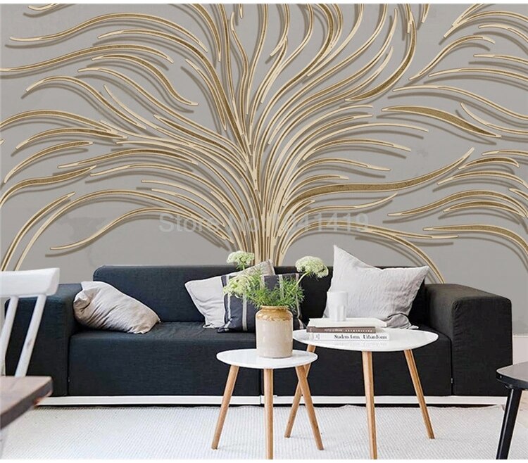 Custom Self-Adhesive Waterproof Mural Wallpaper Light Luxury Hand-painted Creative Tree 3D Golden Embossed Line Background Wall