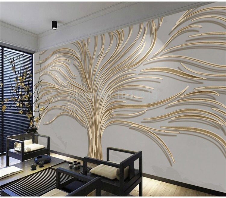 Custom Self-Adhesive Waterproof Mural Wallpaper Light Luxury Hand-painted Creative Tree 3D Golden Embossed Line Background Wall