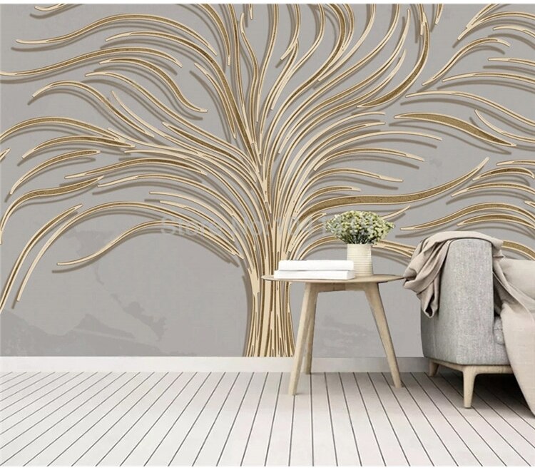 Custom Self-Adhesive Waterproof Mural Wallpaper Light Luxury Hand-painted Creative Tree 3D Golden Embossed Line Background Wall