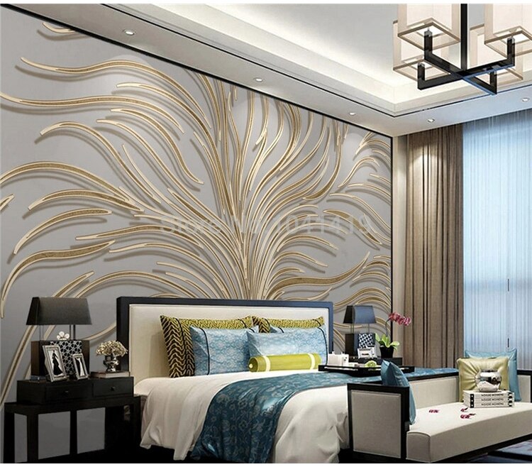 Custom Self-Adhesive Waterproof Mural Wallpaper Light Luxury Hand-painted Creative Tree 3D Golden Embossed Line Background Wall