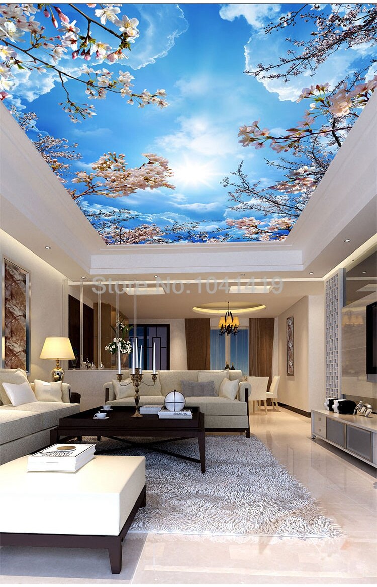 Custom Mural Wallpaper 3D Blue Sky White Clouds Cherry Blossom Ceiling Zenith Mural Living Room Dining Room Self-Adhesive Fresco