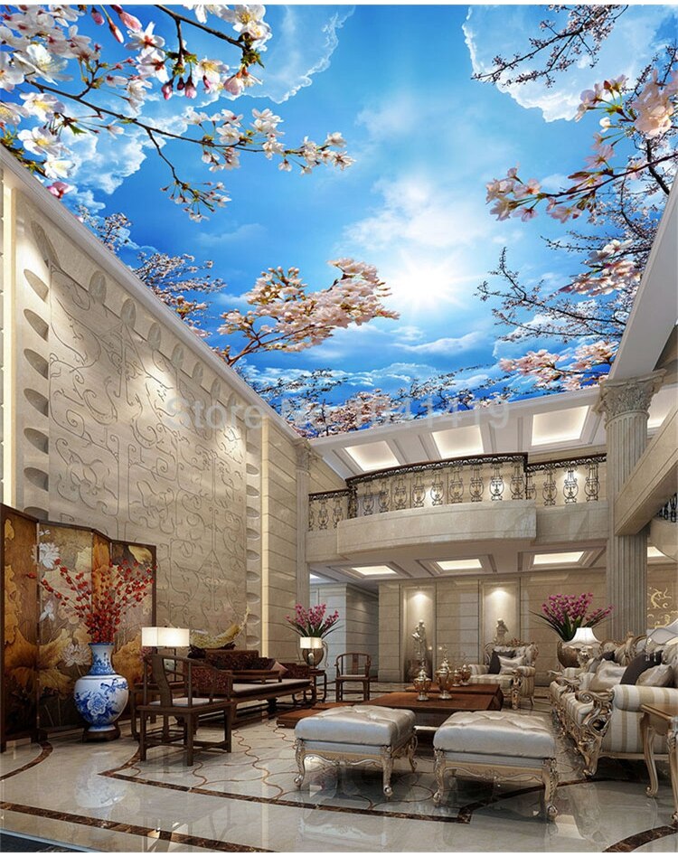 Custom Mural Wallpaper 3D Blue Sky White Clouds Cherry Blossom Ceiling Zenith Mural Living Room Dining Room Self-Adhesive Fresco