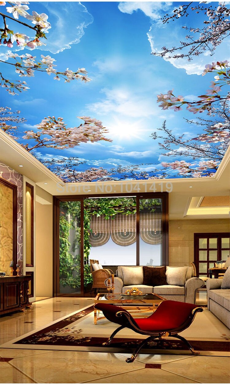 Custom Mural Wallpaper 3D Blue Sky White Clouds Cherry Blossom Ceiling Zenith Mural Living Room Dining Room Self-Adhesive Fresco
