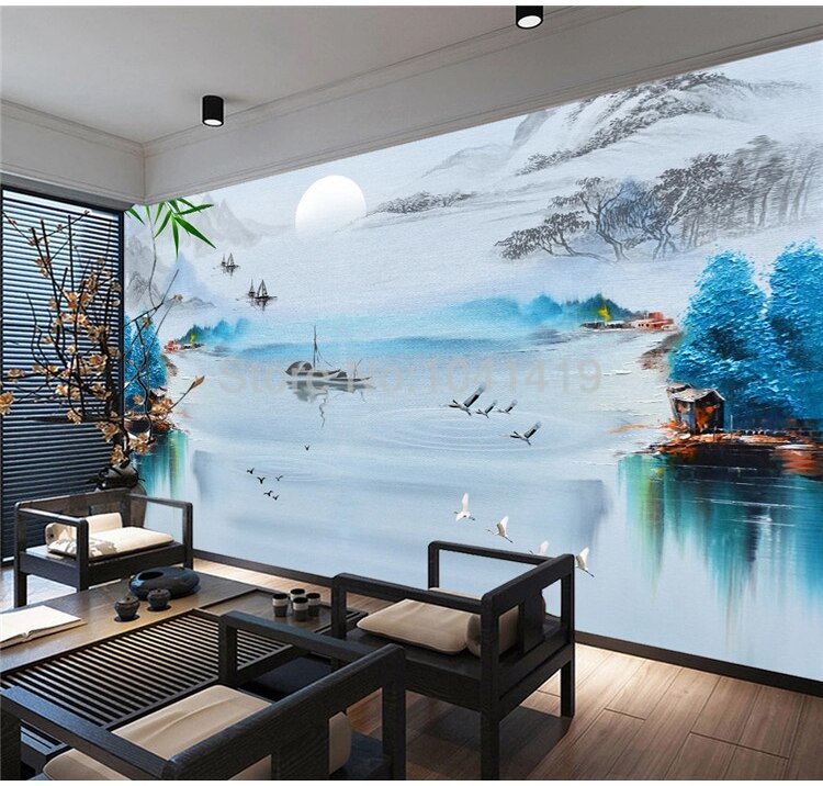 Custom Self-Adhesive Wallpaper Chinese Style Creative Ink Landscape Bird Blue Abstract Background Decorative Painting 3D Murals
