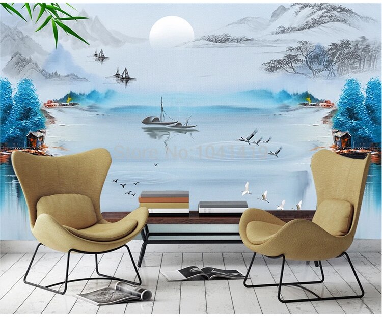 Custom Self-Adhesive Wallpaper Chinese Style Creative Ink Landscape Bird Blue Abstract Background Decorative Painting 3D Murals