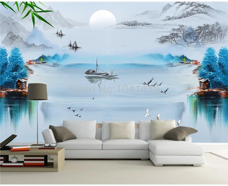 Custom Self-Adhesive Wallpaper Chinese Style Creative Ink Landscape Bird Blue Abstract Background Decorative Painting 3D Murals