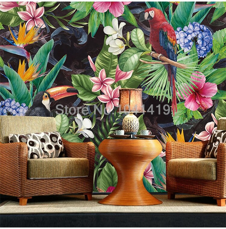 Photo Wallpaper 3D Tropical Rain Forest Parrot Leaves Self-Adhesive Waterproof Canvas Murals Restaurant Study Decor Wall Papers