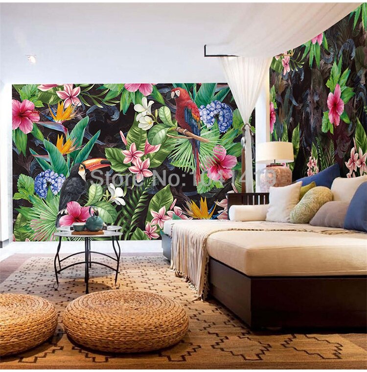 Photo Wallpaper 3D Tropical Rain Forest Parrot Leaves Self-Adhesive Waterproof Canvas Murals Restaurant Study Decor Wall Papers