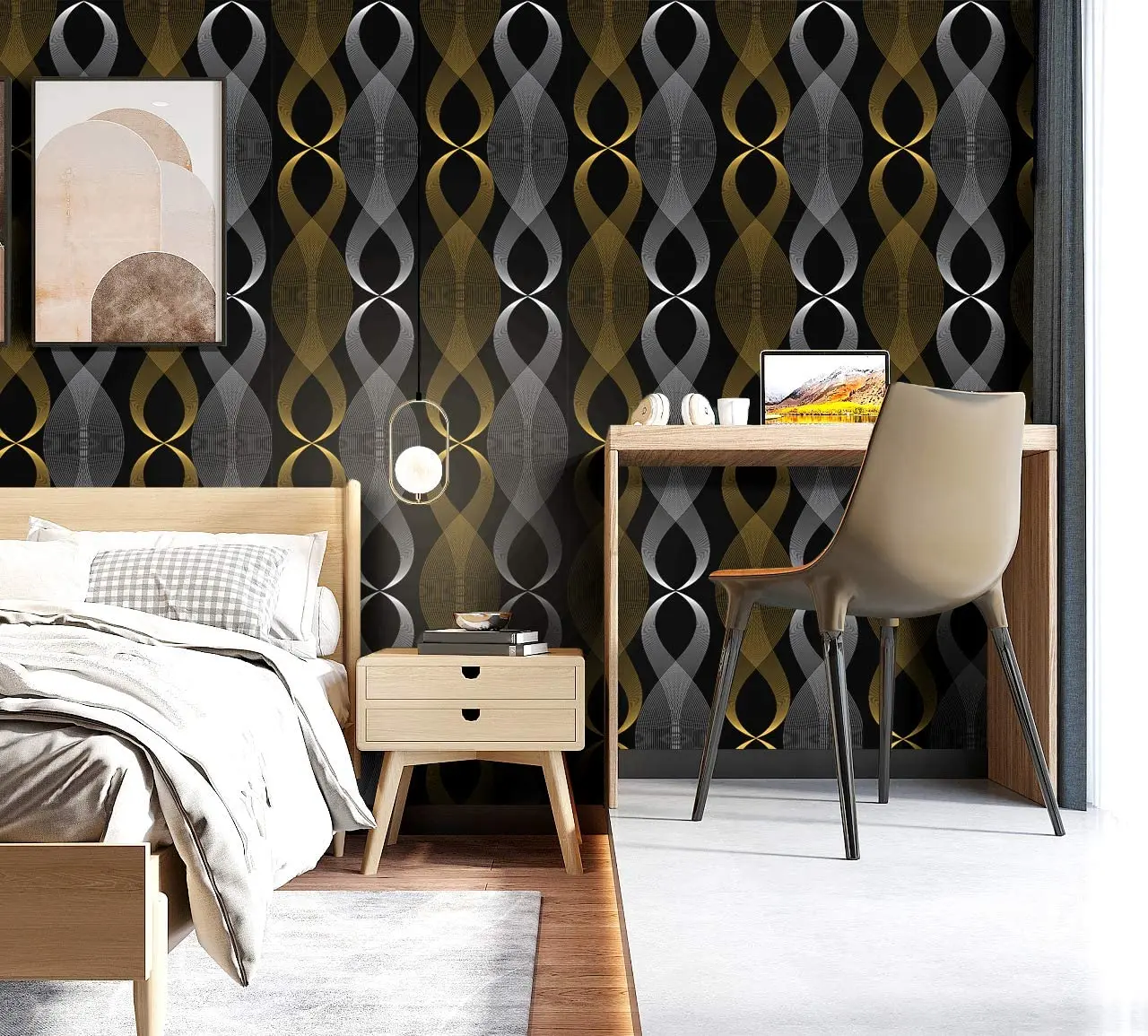 HaoHome Black Self Adhesive Wallpaper Geometric Figure Peel and Stick Wallpaper Modern Stripe Silver & Gold Furniture Renovation