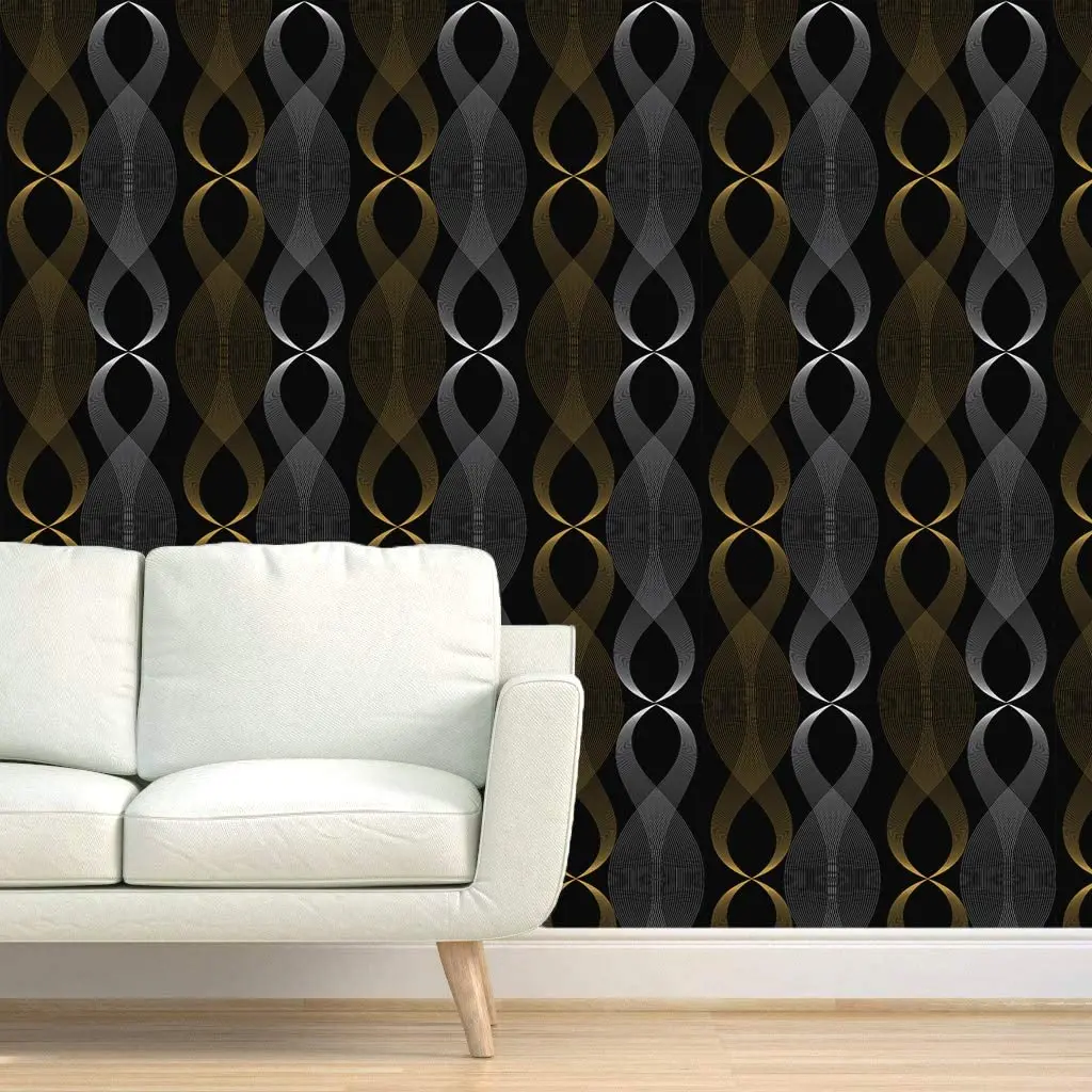 HaoHome Black Self Adhesive Wallpaper Geometric Figure Peel and Stick Wallpaper Modern Stripe Silver & Gold Furniture Renovation