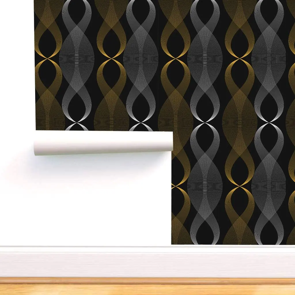 HaoHome Black Self Adhesive Wallpaper Geometric Figure Peel and Stick Wallpaper Modern Stripe Silver & Gold Furniture Renovation