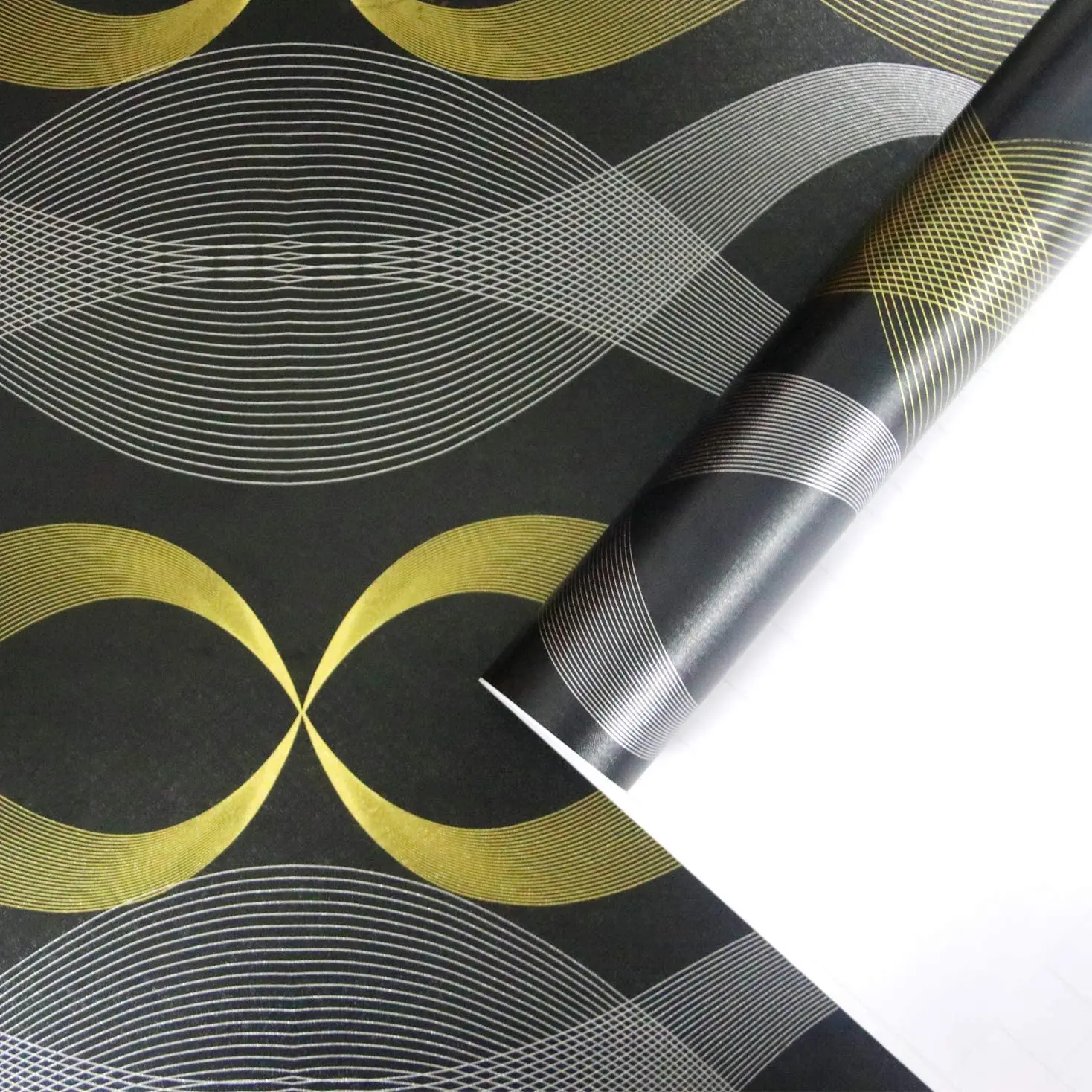 HaoHome Black Self Adhesive Wallpaper Geometric Figure Peel and Stick Wallpaper Modern Stripe Silver & Gold Furniture Renovation