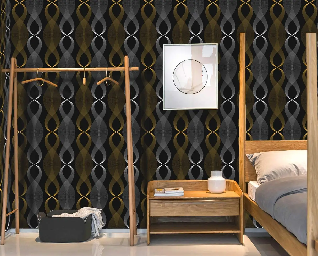 HaoHome Black Self Adhesive Wallpaper Geometric Figure Peel and Stick Wallpaper Modern Stripe Silver & Gold Furniture Renovation