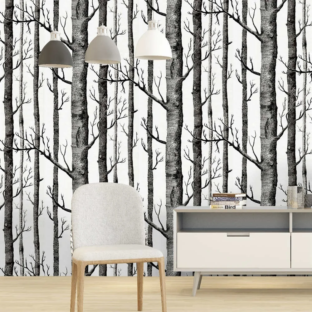 HaoHome Birch Tree Peel And Stick Wallpaper Black And White Wood Wall Covering for Wall Kitchen Cabinet Furniture Shelf Liner