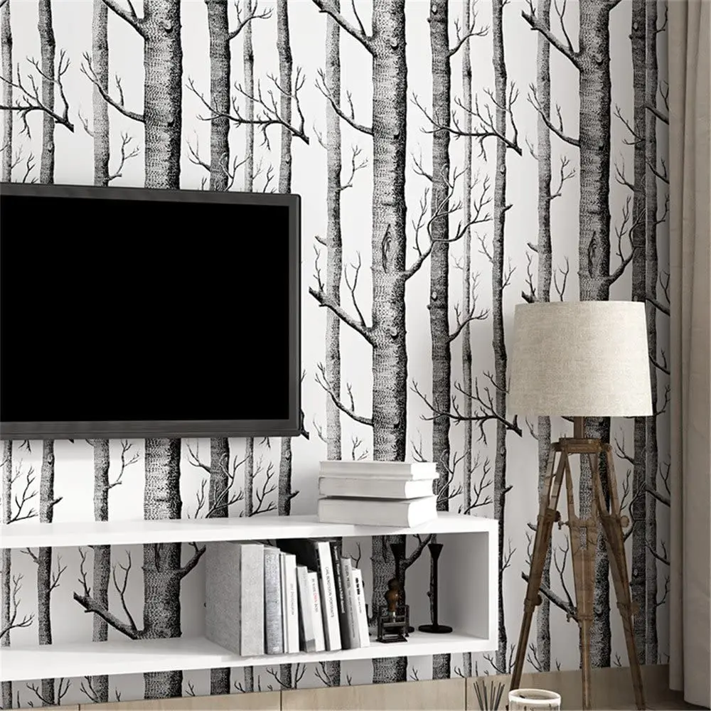 HaoHome Birch Tree Peel And Stick Wallpaper Black And White Wood Wall Covering for Wall Kitchen Cabinet Furniture Shelf Liner
