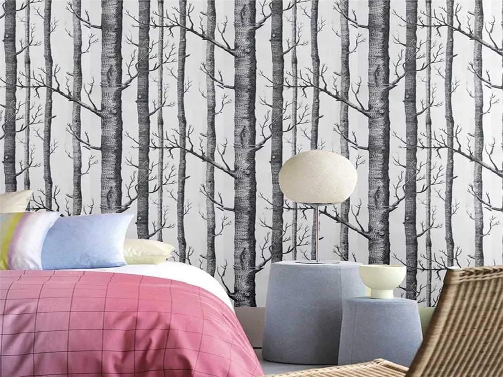 HaoHome Birch Tree Peel And Stick Wallpaper Black And White Wood Wall Covering for Wall Kitchen Cabinet Furniture Shelf Liner