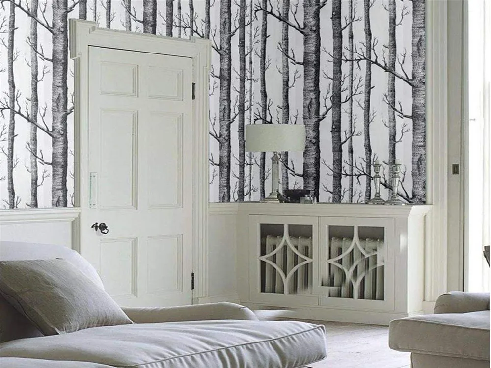 HaoHome Birch Tree Peel And Stick Wallpaper Black And White Wood Wall Covering for Wall Kitchen Cabinet Furniture Shelf Liner