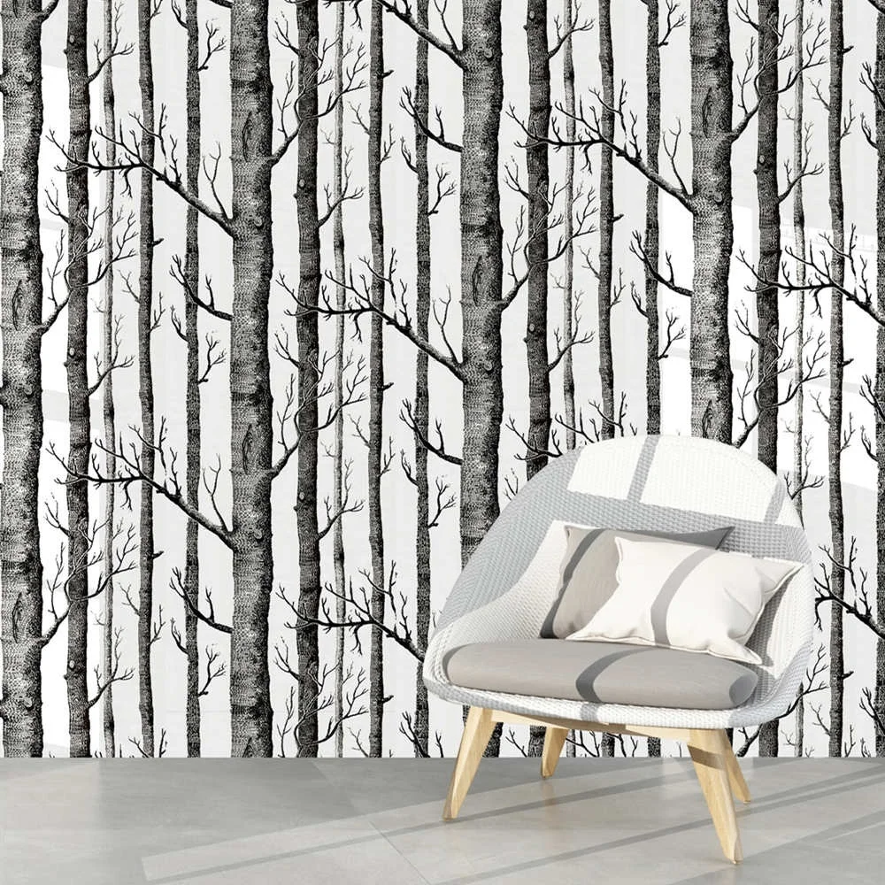 HaoHome Birch Tree Peel And Stick Wallpaper Black And White Wood Wall Covering for Wall Kitchen Cabinet Furniture Shelf Liner