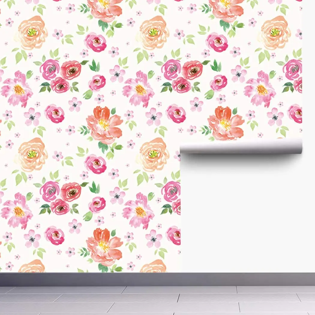 HaoHome Peel and Stick Wallpaper Handpainting Seamless Watercolor Peony Flower Green Leaves Self-Adhesive Prepasted Wallpaper