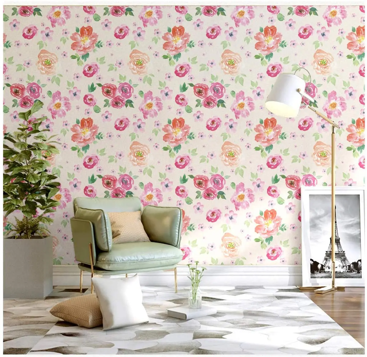 HaoHome Peel and Stick Wallpaper Handpainting Seamless Watercolor Peony Flower Green Leaves Self-Adhesive Prepasted Wallpaper