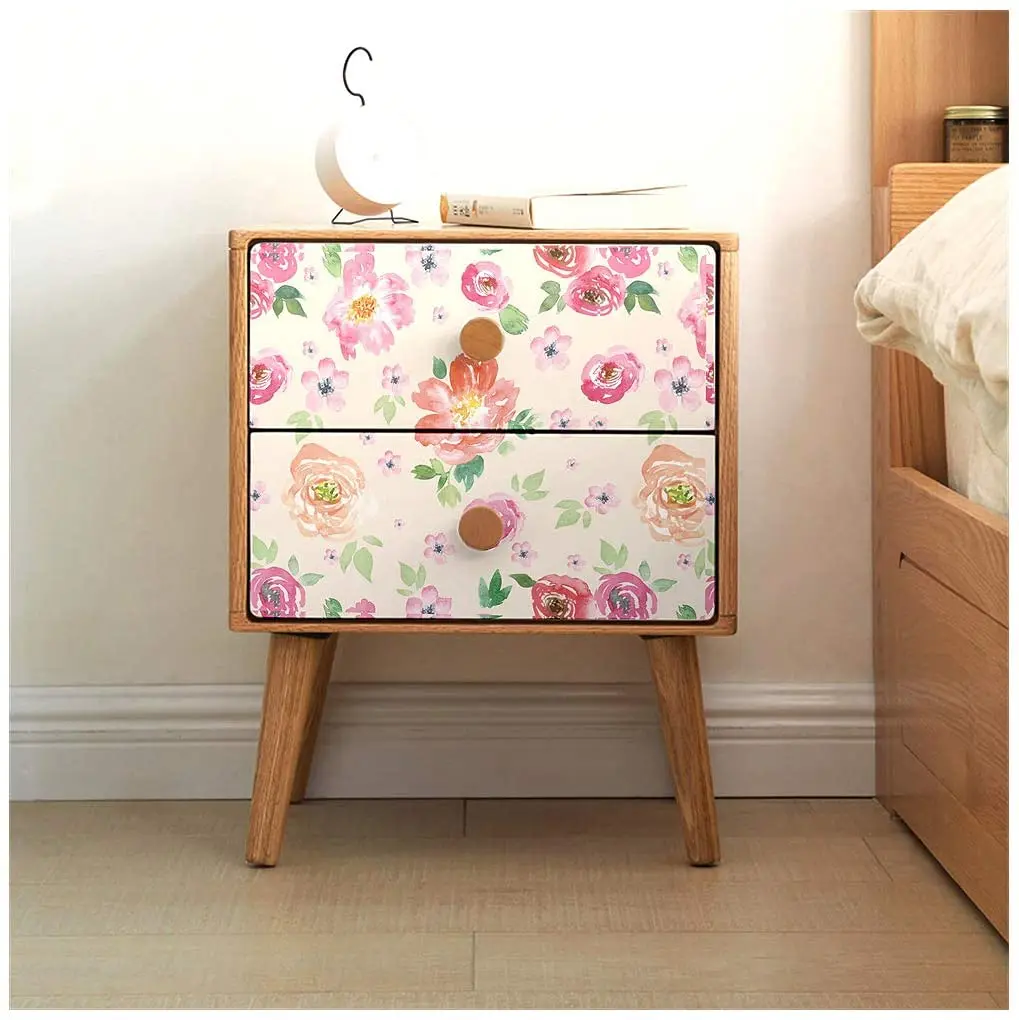 HaoHome Peel and Stick Wallpaper Handpainting Seamless Watercolor Peony Flower Green Leaves Self-Adhesive Prepasted Wallpaper