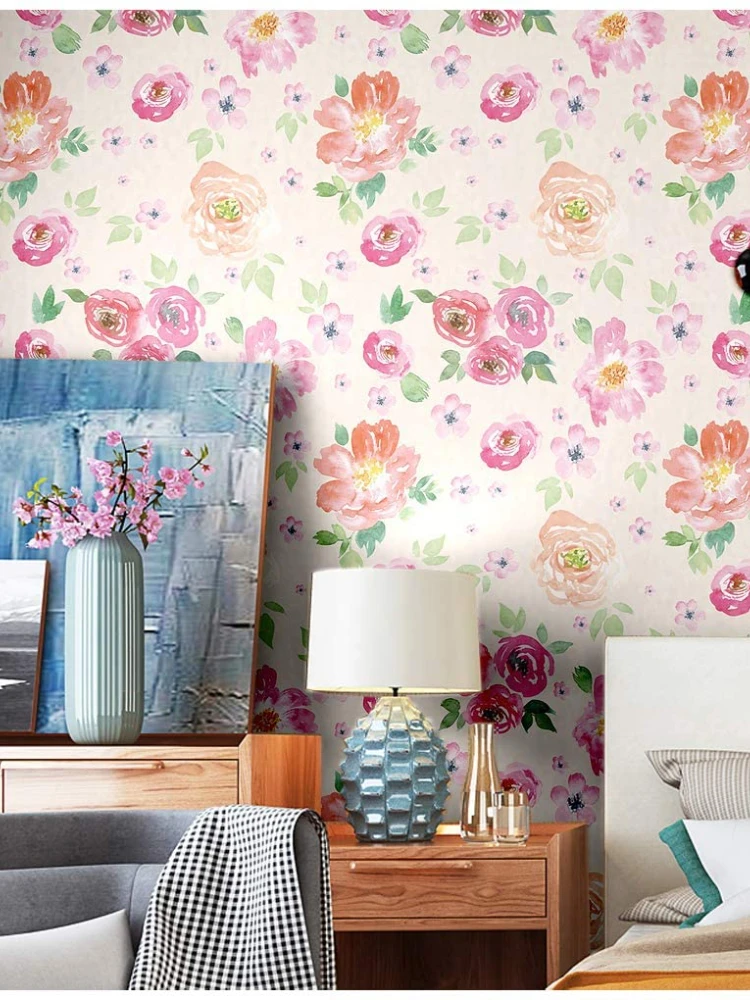 HaoHome Peel and Stick Wallpaper Handpainting Seamless Watercolor Peony Flower Green Leaves Self-Adhesive Prepasted Wallpaper